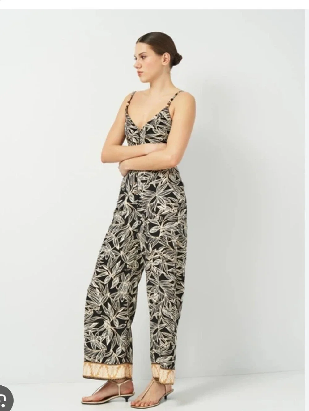 ZARA | linen printed jumpsuit brown Cream tropical leaf Sz M